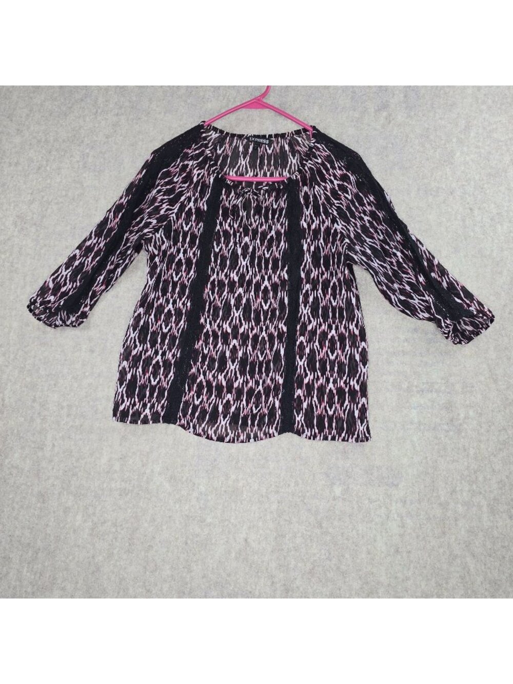 Express Women Sheer Animal Print Blouse Black/Pink Size S Lace Accents Loose Fit